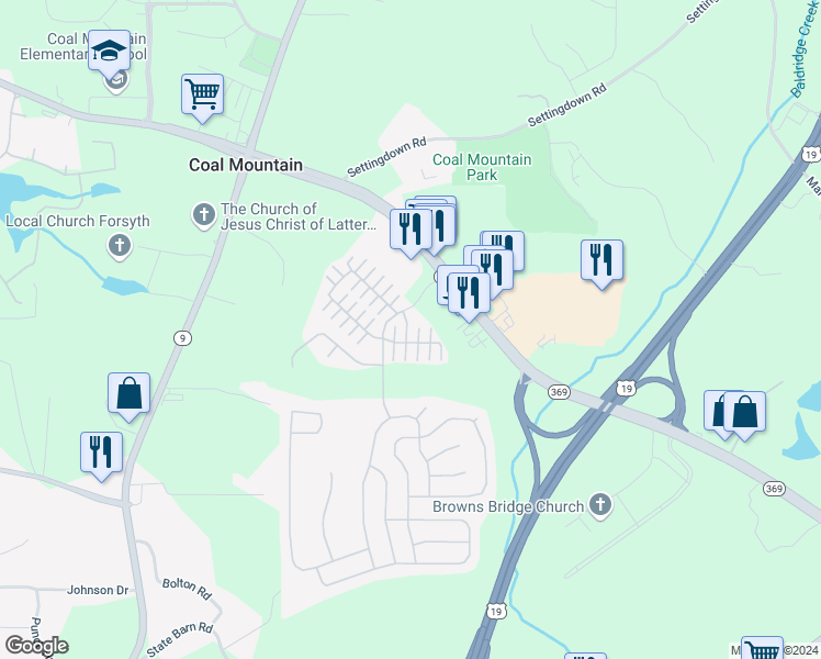 map of restaurants, bars, coffee shops, grocery stores, and more near 3623 Sydney Harbor Lane in Cumming