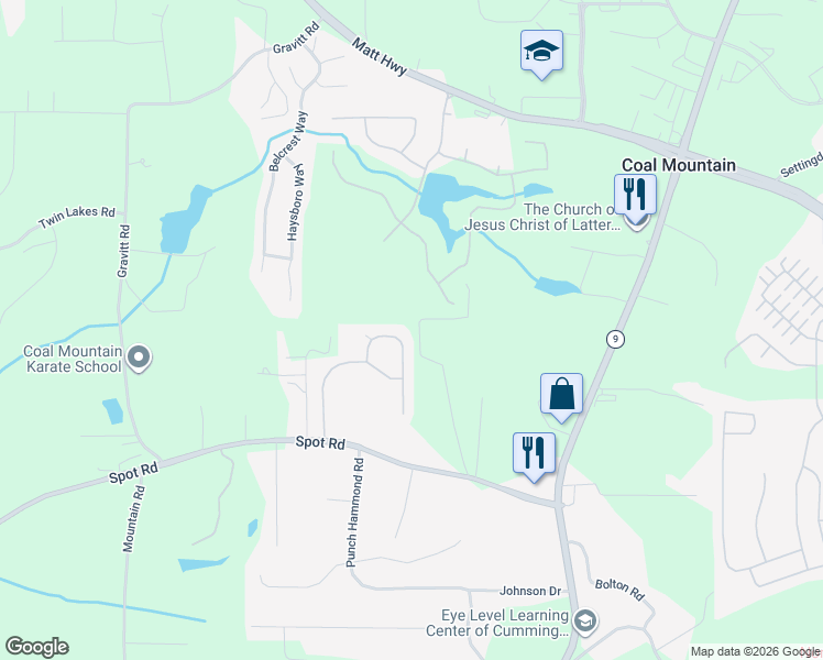 map of restaurants, bars, coffee shops, grocery stores, and more near 3325 Buffington Lane in Cumming