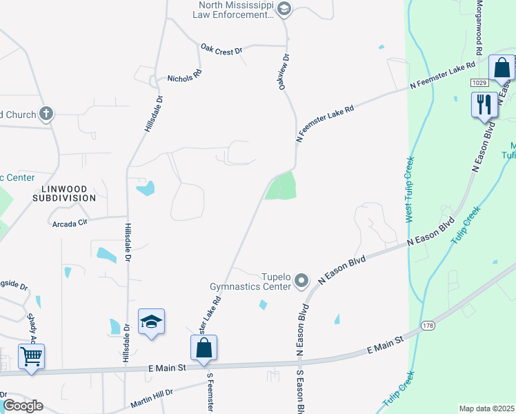 map of restaurants, bars, coffee shops, grocery stores, and more near 1001-1059 North Feemster Lake Road in Tupelo