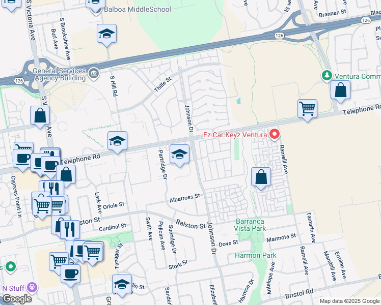 map of restaurants, bars, coffee shops, grocery stores, and more near 1161 Johnson Drive in Ventura