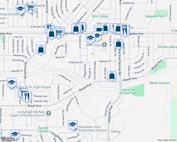 map of restaurants, bars, coffee shops, grocery stores, and more near 1521 Church Street in Simi Valley