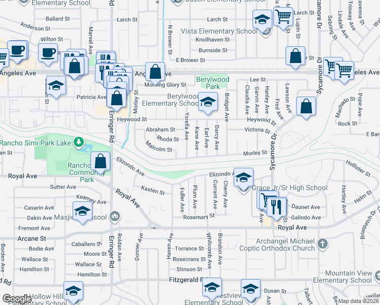 map of restaurants, bars, coffee shops, grocery stores, and more near 1516 Ysrella Avenue in Simi Valley