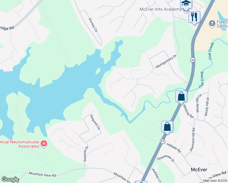 map of restaurants, bars, coffee shops, grocery stores, and more near 3590 Ridgewood Point in Gainesville