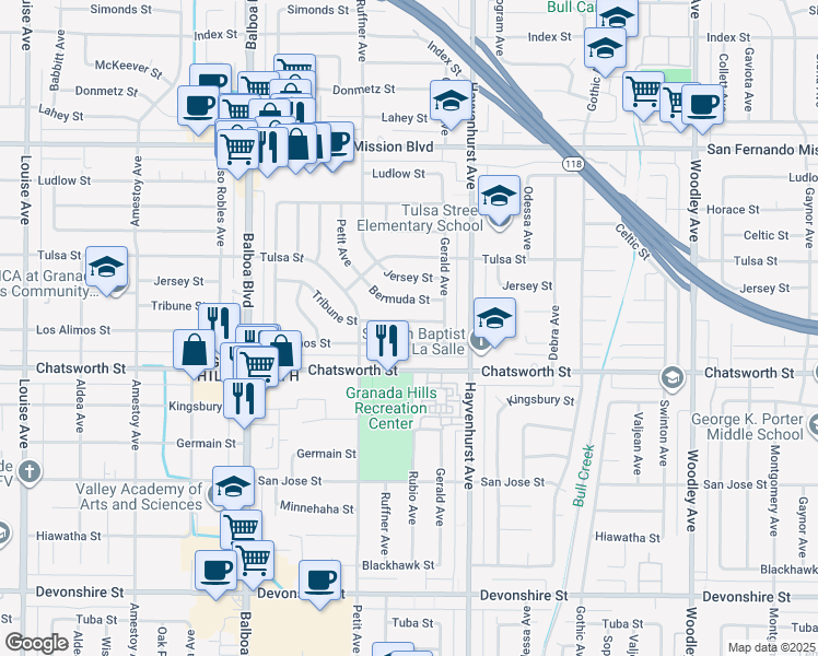 map of restaurants, bars, coffee shops, grocery stores, and more near 16704 Tribune Street in Los Angeles