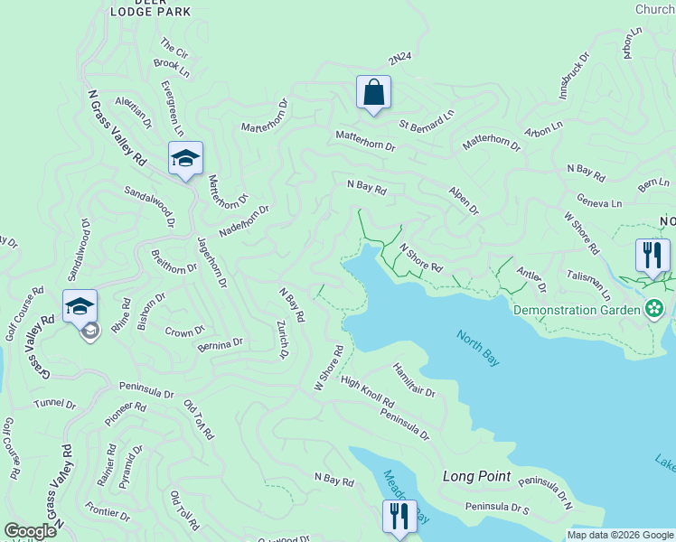 map of restaurants, bars, coffee shops, grocery stores, and more near 27567 West Shore Road in Lake Arrowhead