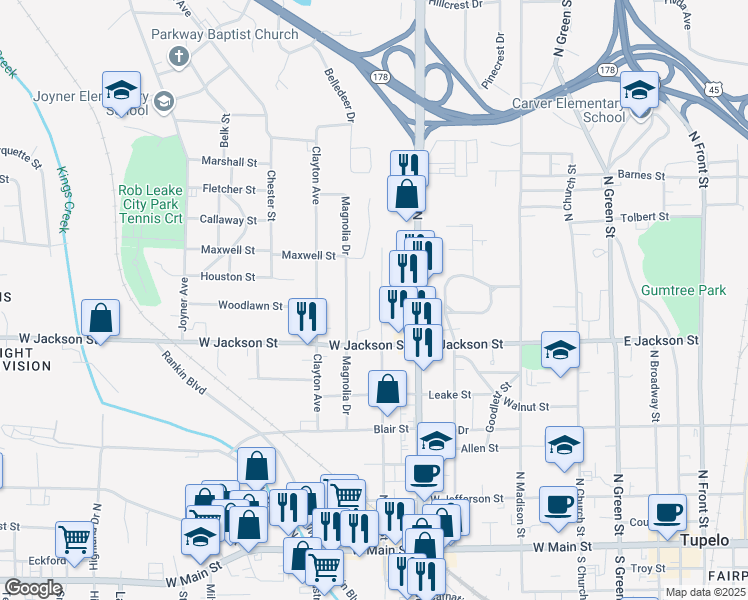 map of restaurants, bars, coffee shops, grocery stores, and more near 616 Hibner Street in Tupelo