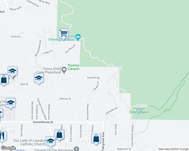 map of restaurants, bars, coffee shops, grocery stores, and more near 10905 Terecita Road in Los Angeles