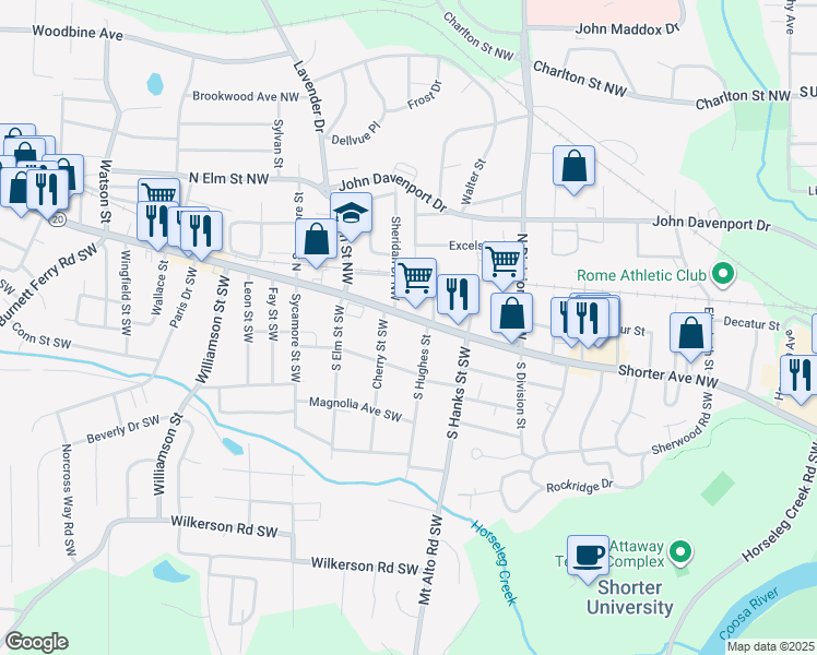 map of restaurants, bars, coffee shops, grocery stores, and more near 807 Shorter Avenue in Rome