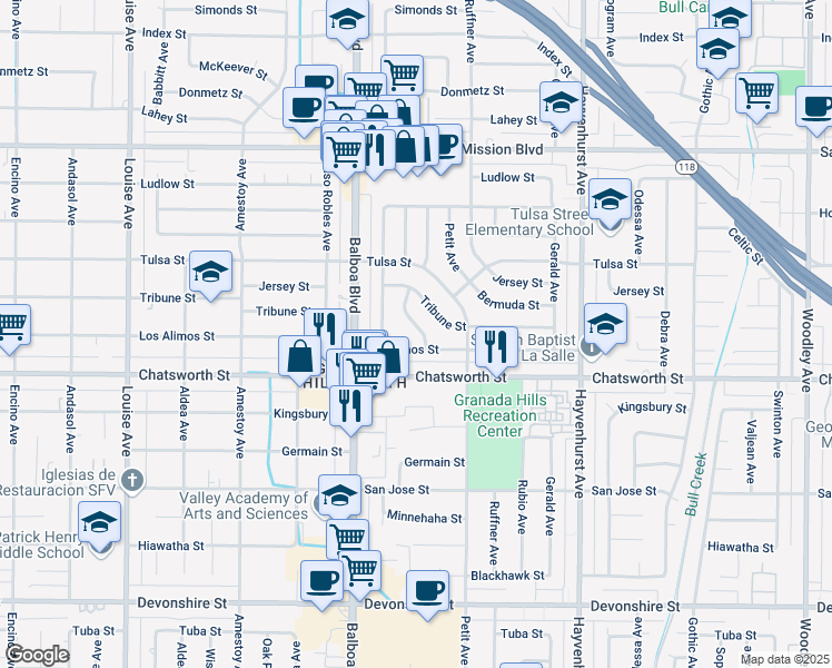 map of restaurants, bars, coffee shops, grocery stores, and more near 10747 Forbes Avenue in Los Angeles