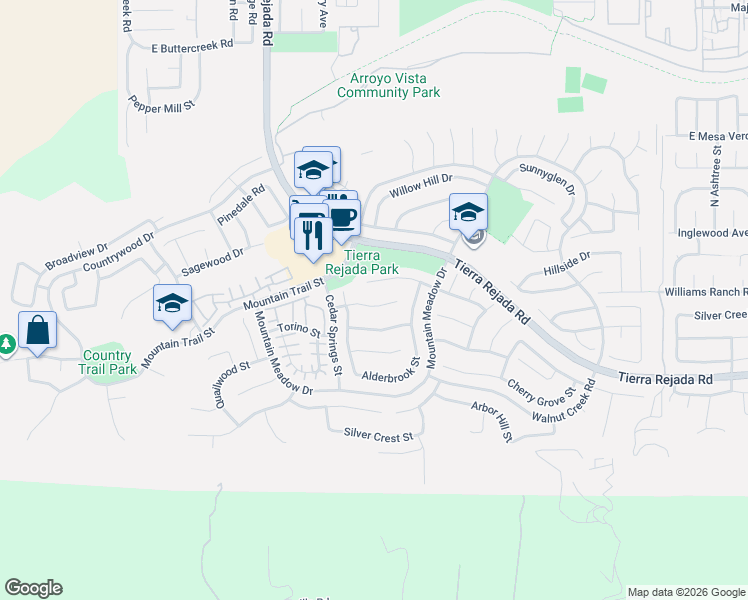 map of restaurants, bars, coffee shops, grocery stores, and more near 11943 Honeybrook Court in Moorpark