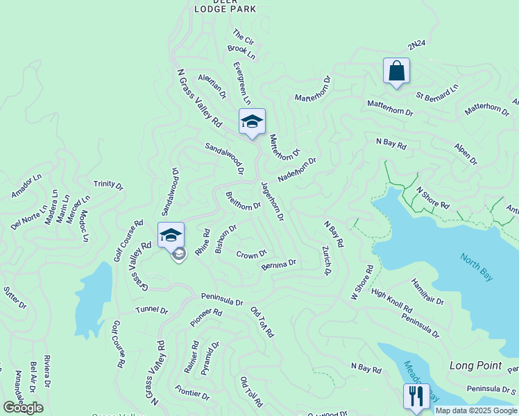 map of restaurants, bars, coffee shops, grocery stores, and more near 892 Nadelhorn Drive in Lake Arrowhead