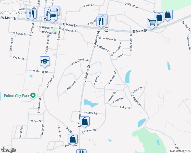 map of restaurants, bars, coffee shops, grocery stores, and more near 409 Rogers Drive in Fulton