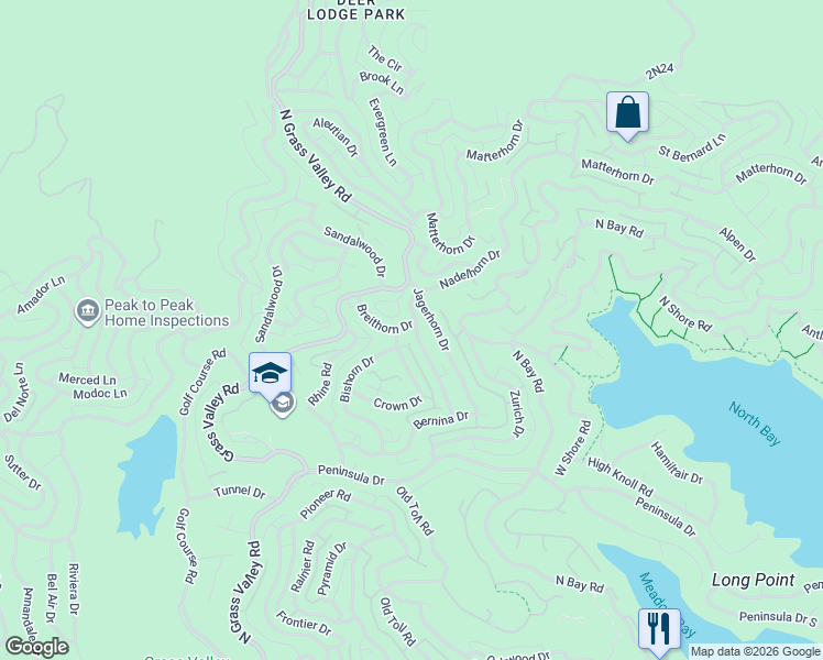 map of restaurants, bars, coffee shops, grocery stores, and more near 892 Nadelhorn Drive in Lake Arrowhead