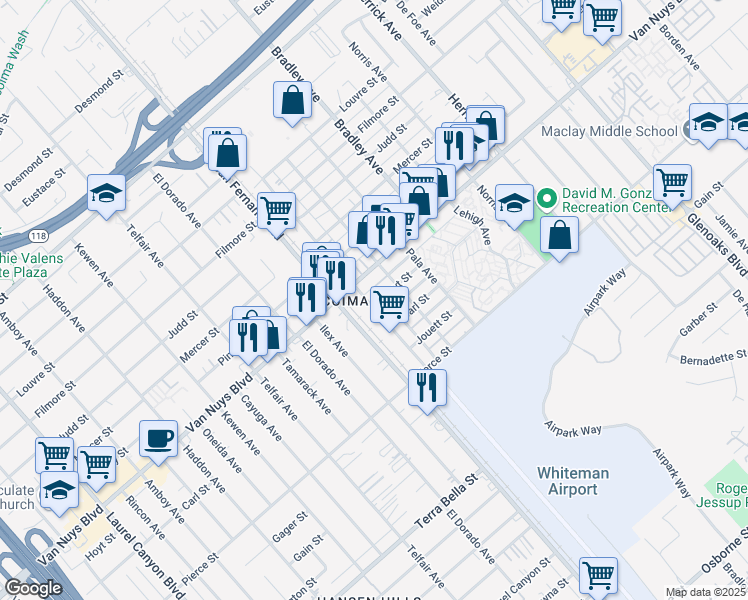 map of restaurants, bars, coffee shops, grocery stores, and more near 10800 1/2 Sutter Avenue in Los Angeles