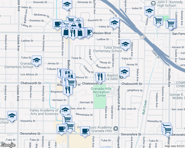 map of restaurants, bars, coffee shops, grocery stores, and more near 16800 Tribune Street in Los Angeles