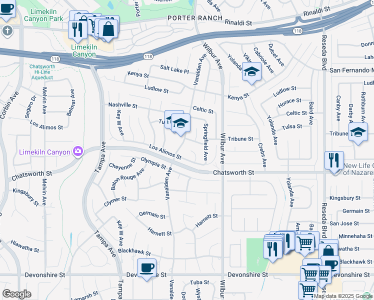 map of restaurants, bars, coffee shops, grocery stores, and more near 10759 Wystone Avenue in Los Angeles