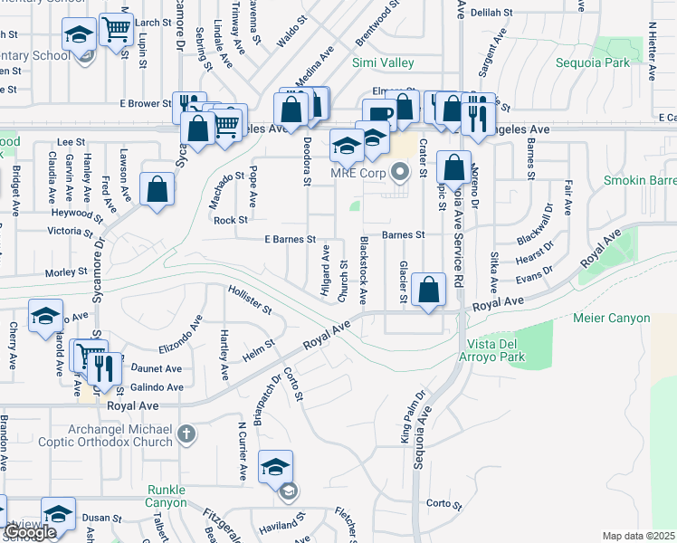 map of restaurants, bars, coffee shops, grocery stores, and more near 1521 Church Street in Simi Valley