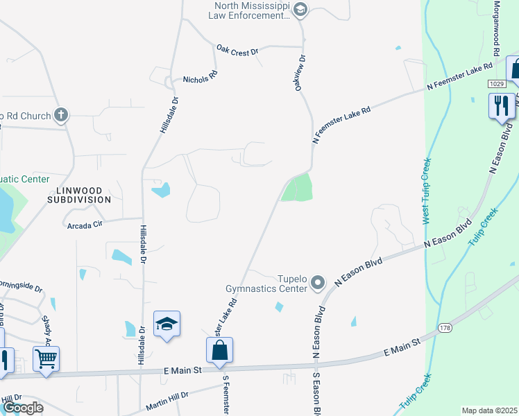 map of restaurants, bars, coffee shops, grocery stores, and more near 1001 North Feemster Lake Road in Tupelo