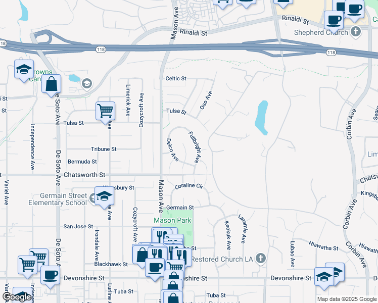 map of restaurants, bars, coffee shops, grocery stores, and more near 10727 Overman Avenue in Los Angeles