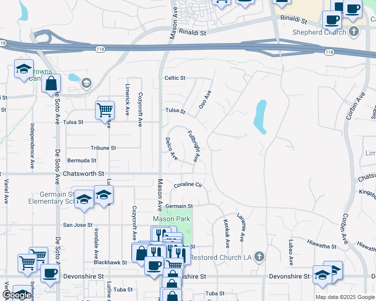 map of restaurants, bars, coffee shops, grocery stores, and more near 10732 Overman Avenue in Los Angeles