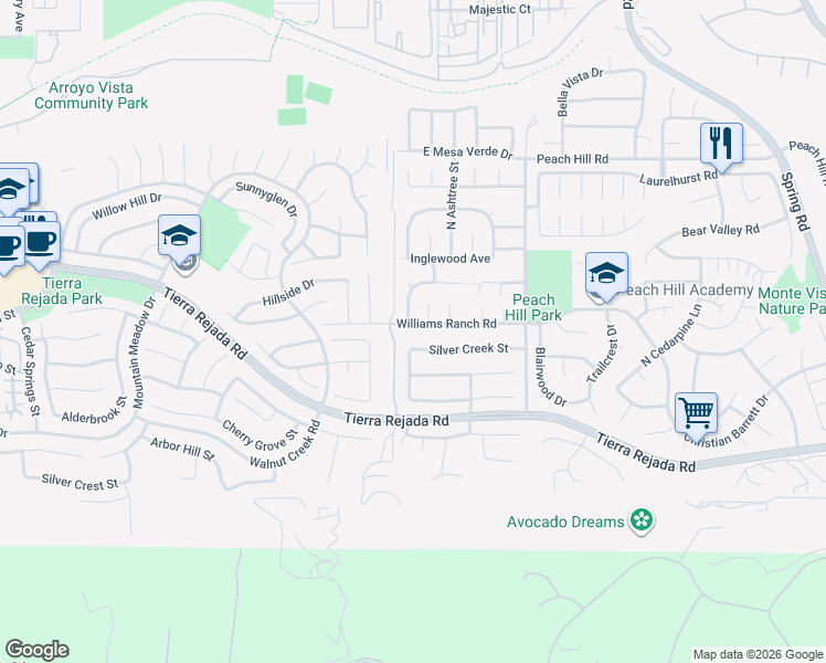 map of restaurants, bars, coffee shops, grocery stores, and more near 12943 Silver Creek Street in Moorpark