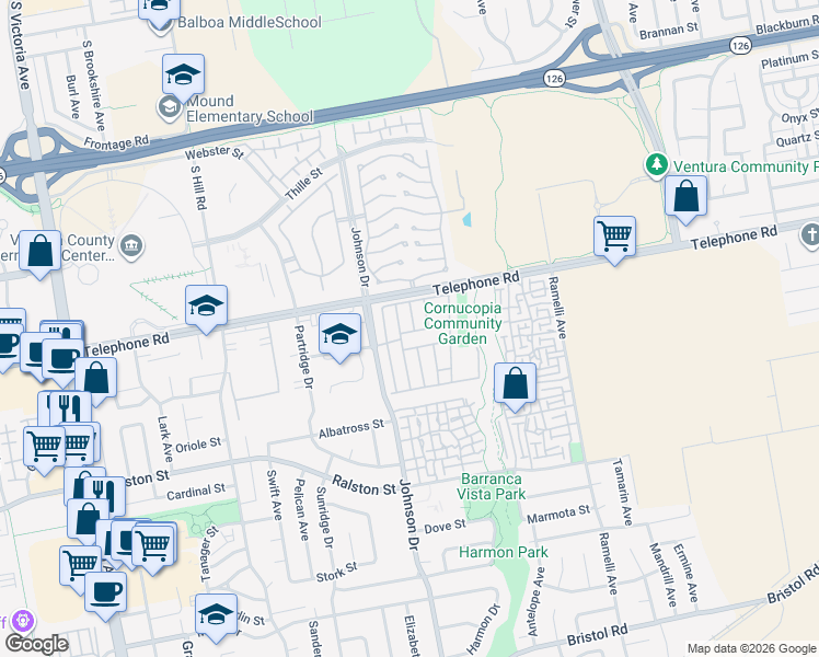 map of restaurants, bars, coffee shops, grocery stores, and more near 1220 Johnson Drive in Ventura