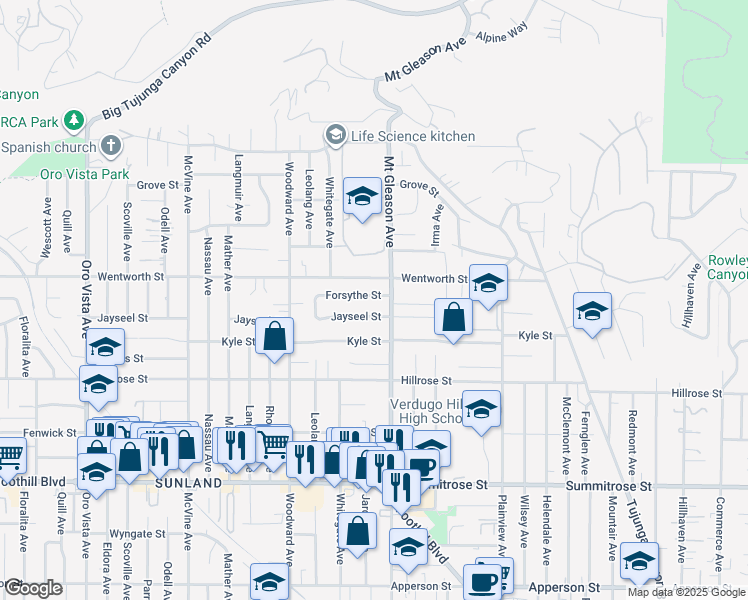 map of restaurants, bars, coffee shops, grocery stores, and more near 7820 Forsythe Street in Los Angeles