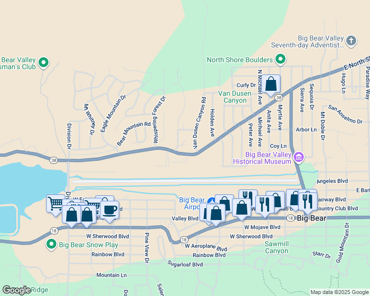 map of restaurants, bars, coffee shops, grocery stores, and more near 649 West North Shore Drive in Big Bear