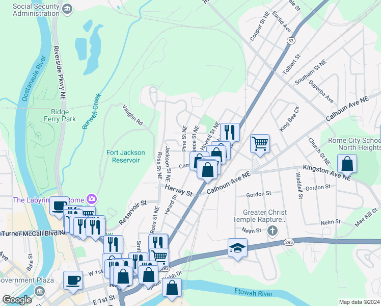 map of restaurants, bars, coffee shops, grocery stores, and more near 11 Reece Street Northeast in Rome