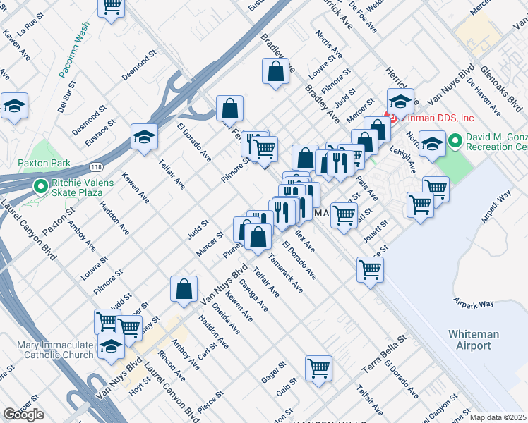 map of restaurants, bars, coffee shops, grocery stores, and more near 13351 Pinney Street in Los Angeles