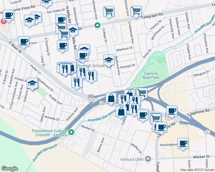 map of restaurants, bars, coffee shops, grocery stores, and more near 3700 Dean 2305 Drive in Ventura