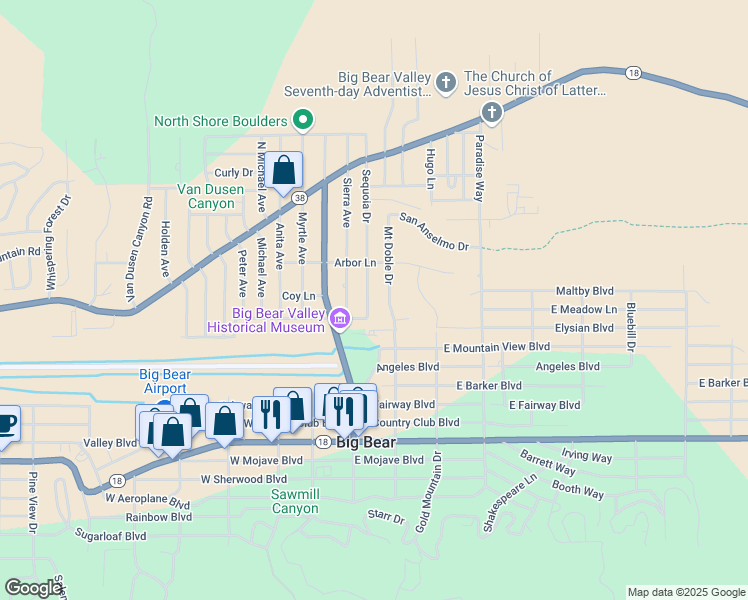 map of restaurants, bars, coffee shops, grocery stores, and more near 912 Sequoia Drive in Big Bear