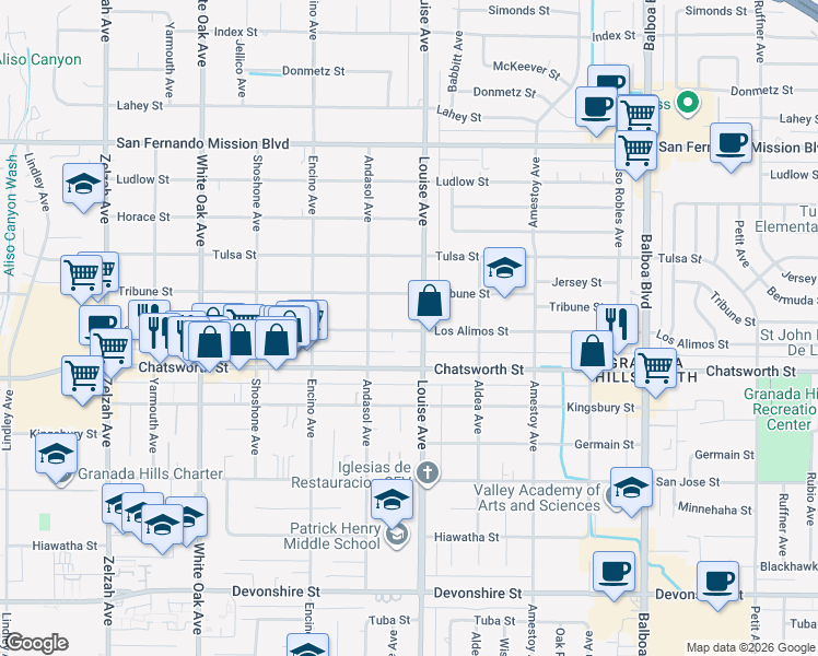 map of restaurants, bars, coffee shops, grocery stores, and more near 17315 Los Alimos Street in Los Angeles