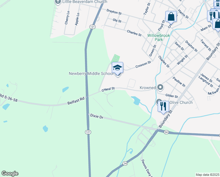 map of restaurants, bars, coffee shops, grocery stores, and more near 125 O'Neal Street in Newberry