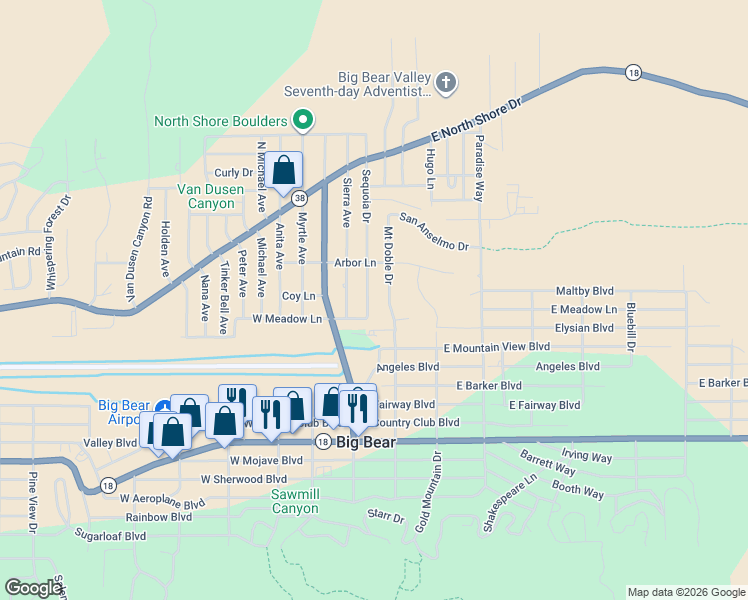 map of restaurants, bars, coffee shops, grocery stores, and more near 912 Sequoia Drive in Big Bear
