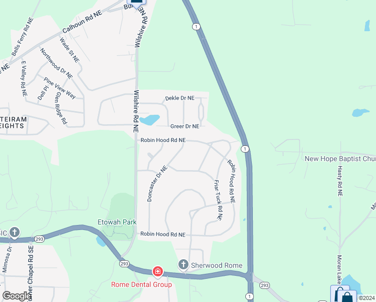 map of restaurants, bars, coffee shops, grocery stores, and more near 38 Doncaster Drive Northeast in Rome