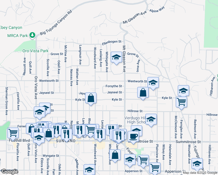 map of restaurants, bars, coffee shops, grocery stores, and more near 7902 Forsythe Street in Los Angeles