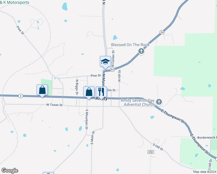 map of restaurants, bars, coffee shops, grocery stores, and more near 329 North Hill Street in Amity