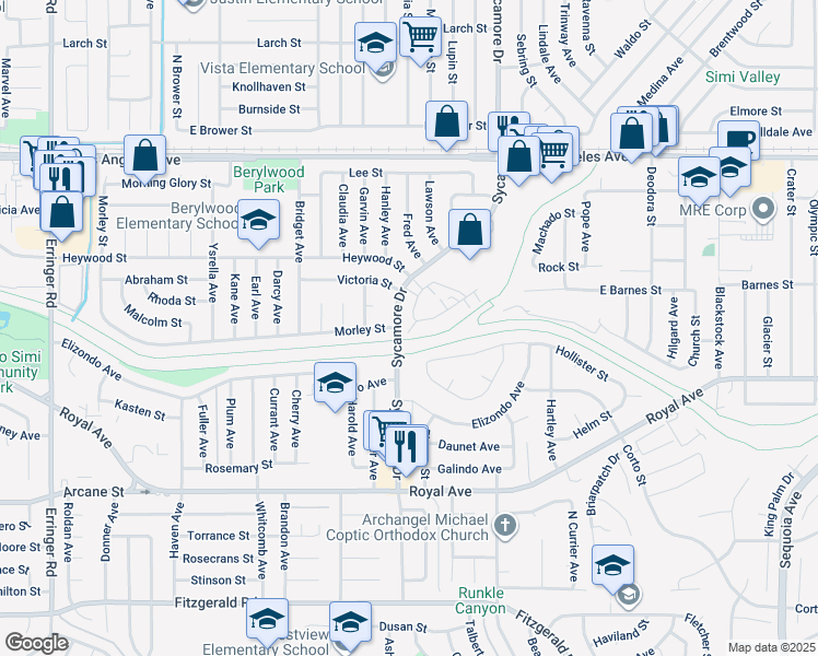 map of restaurants, bars, coffee shops, grocery stores, and more near 1507 Prather Street in Simi Valley