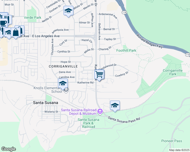 map of restaurants, bars, coffee shops, grocery stores, and more near 1501 Kuehner Drive in Simi Valley