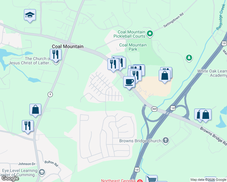 map of restaurants, bars, coffee shops, grocery stores, and more near 3619 Sydney Harbor Lane in Cumming