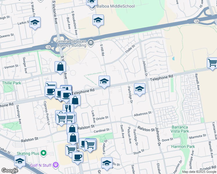 map of restaurants, bars, coffee shops, grocery stores, and more near South Hill Road in Ventura