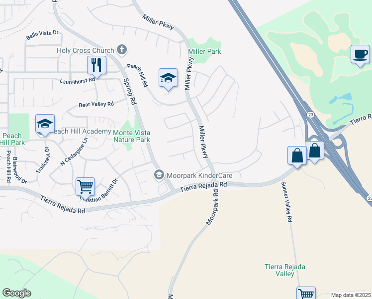 map of restaurants, bars, coffee shops, grocery stores, and more near 14217 Oneida Court in Moorpark