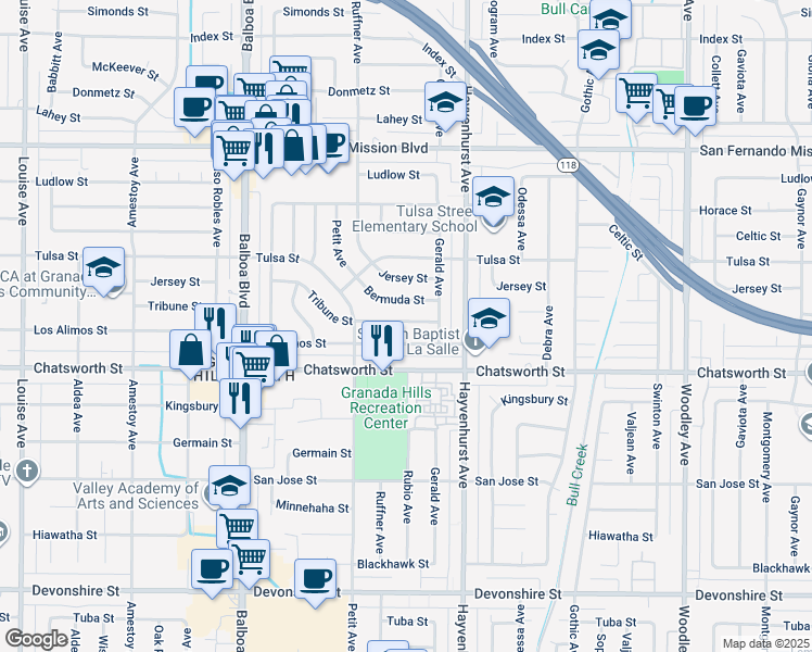 map of restaurants, bars, coffee shops, grocery stores, and more near 16704 Tribune Street in Los Angeles