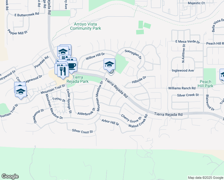 map of restaurants, bars, coffee shops, grocery stores, and more near 4150 Sandy Hollow Court in Moorpark