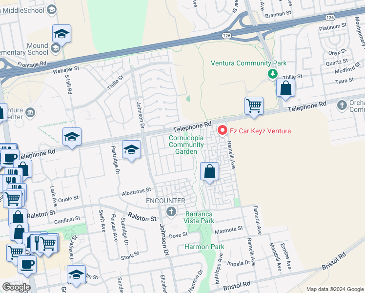 map of restaurants, bars, coffee shops, grocery stores, and more near 91 Bobolink Lane in Ventura