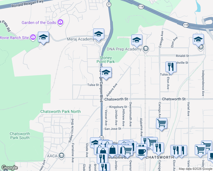 map of restaurants, bars, coffee shops, grocery stores, and more near 0 Tulsa Street in Los Angeles