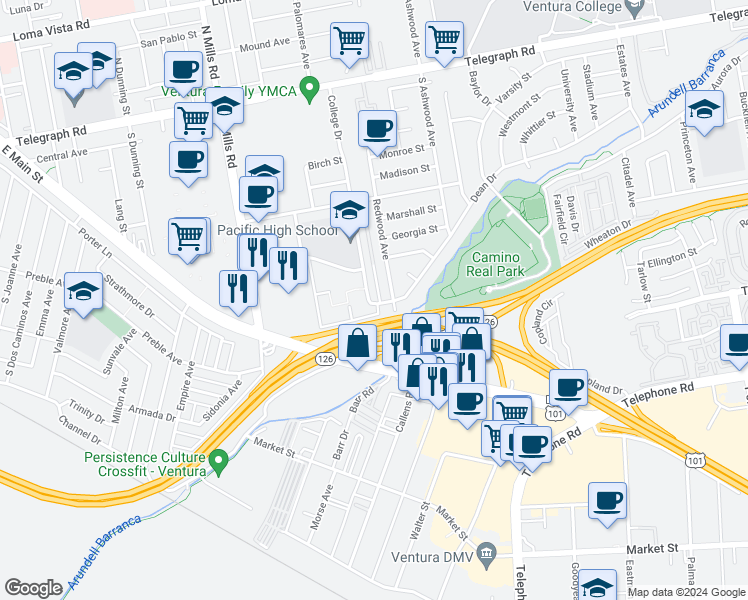 map of restaurants, bars, coffee shops, grocery stores, and more near 690 College Drive in Ventura