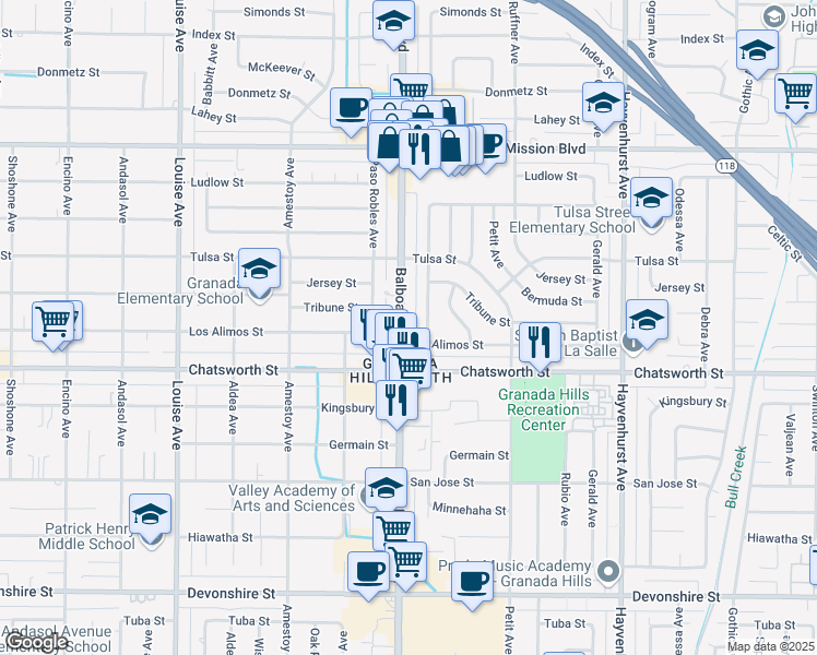 map of restaurants, bars, coffee shops, grocery stores, and more near 10800 Balboa Boulevard in Los Angeles