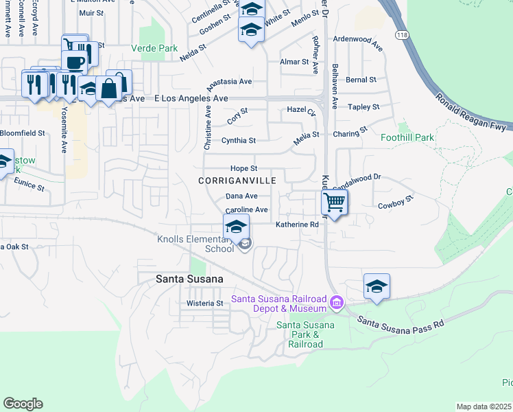 map of restaurants, bars, coffee shops, grocery stores, and more near 6361 Caroline Avenue in Simi Valley